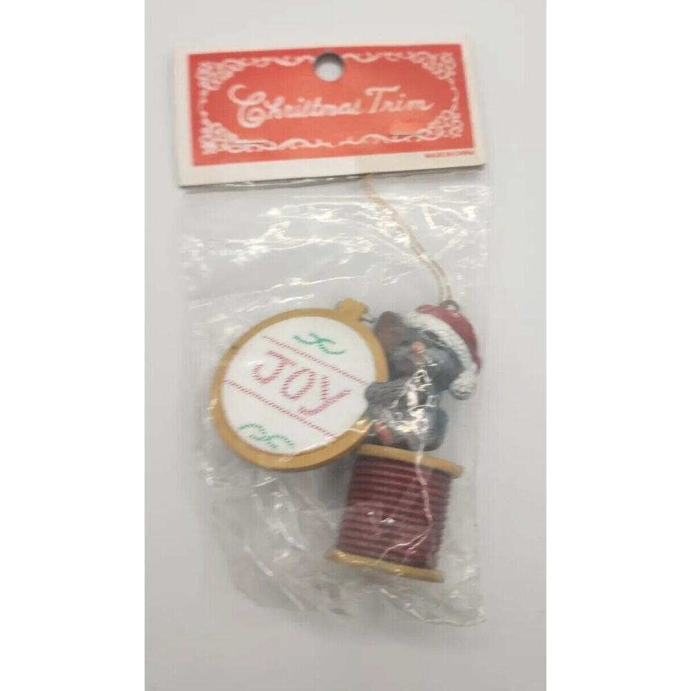Vintage Christmas Trim Santa mouse with joy needlepoint Ornament U236